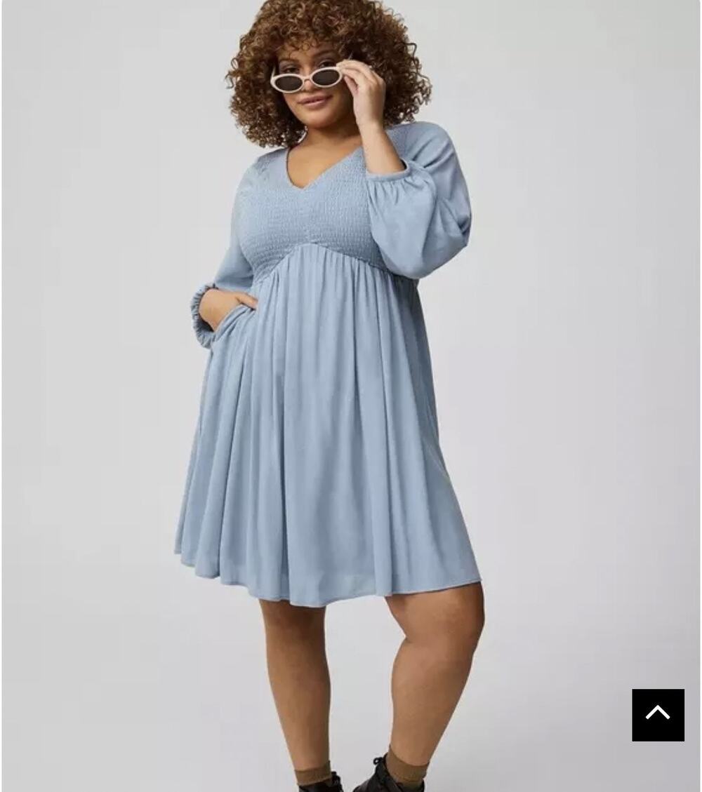 Torrid Babydoll Mini Dress Blue 3x Smocked Bodice Long Sleeve Gauze Woven Lined